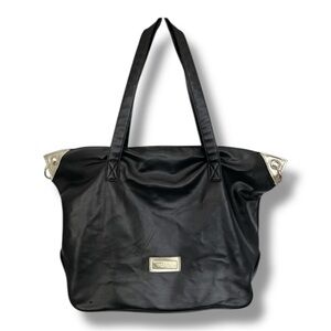 Versace Parfums Black Faux Leather Weekender Travel Tote Bag Gold Hardware